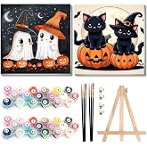 2 Pack Halloween Paint by Numbers Kit for Kids with Frame, Gift, 8x8Inch | Wooden Easel - Halloween Kids Paint by Numbers Ages 4 8 12, Easy Acrylic Oil Painting Kits for Gift Home Decoration