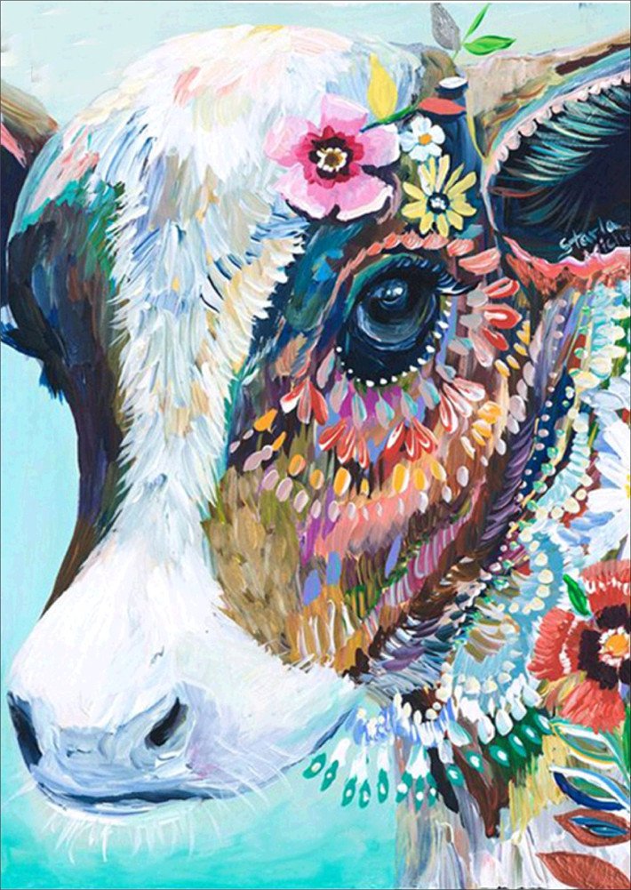 YEESAM ART DIY 5D Diamond Painting Full Drill, Cow Colorful Flowers 31x36cm Diamond Art Mosaic Crafts Embroidery Kits (Cow)