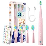 SEAGO Kids Electric Toothbrush, Sonic Soft Bristle Rechargeable Toothbrushes with DIY Stickers, 5 Modes, Includes 4 Replacement Brush Heads, Ages 3 to 12 Years Old (Pink)