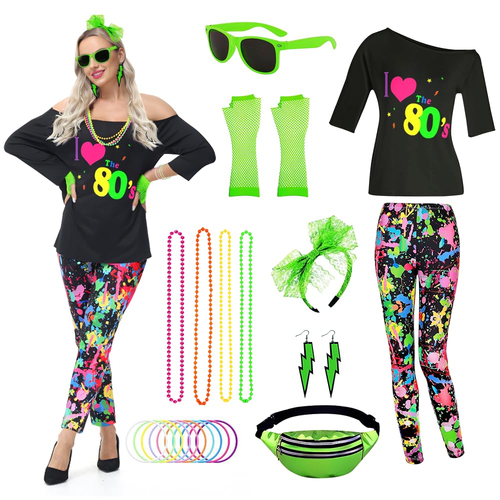 TOLOYE 80s Fancy Dress for Women, 80s Costume Outfit with Neon Accessories, 1980s T Shirt & Hippie Pants, Disco Fancy Dress, Vintage Hippie Costume for Carnival Party