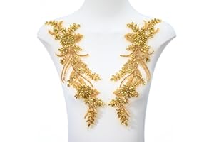 FixrWre Pair Handmade Shining Crystals Rhinestones DIY Clothing Applique Patches, Sewing Beads Sequins Stone Trim Accessories for Wedding Dress Decoration(Gold-Large)