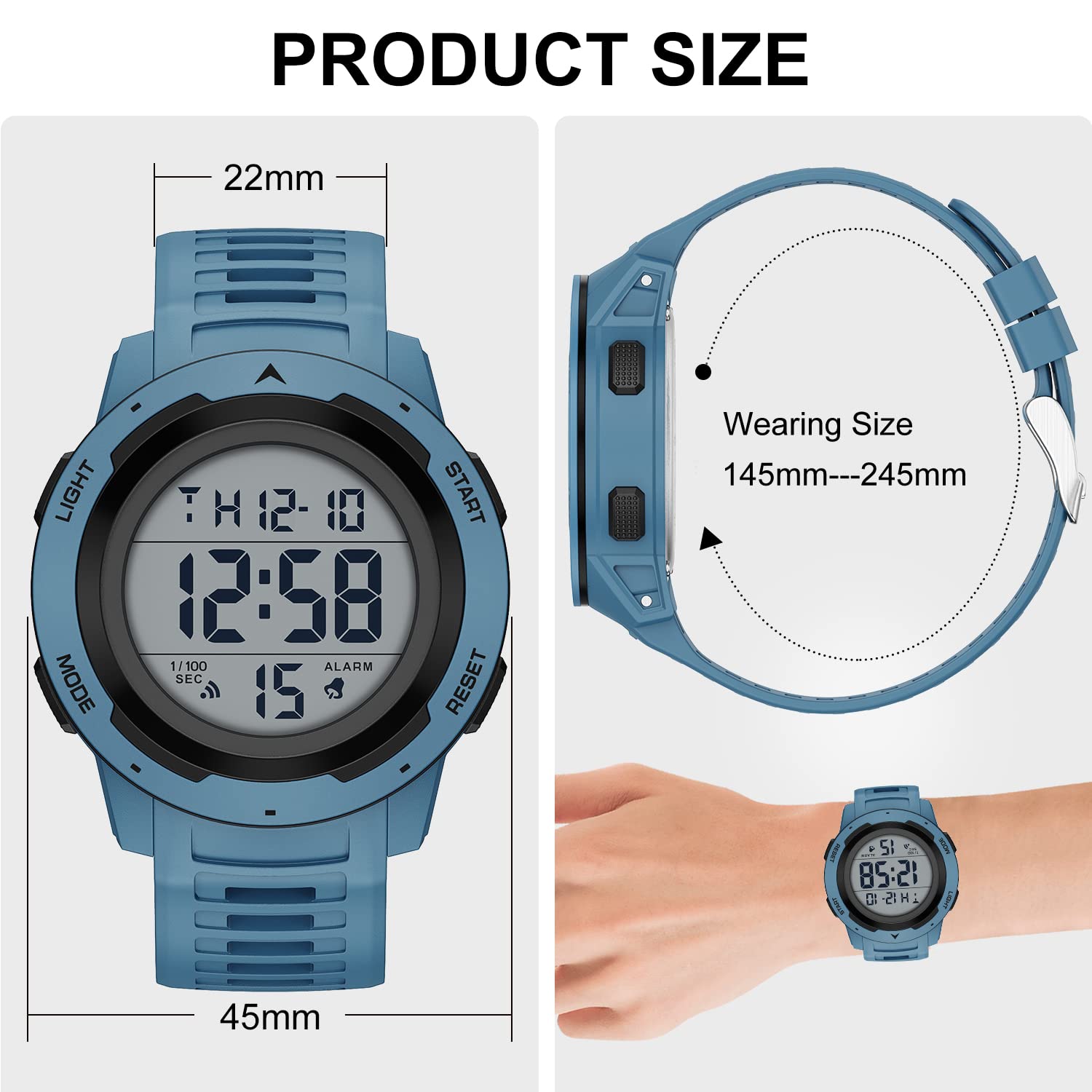GOLDEN HOUR Mens Waterproof Digital Sport Watches Wide Screen Easy Read Display Military Style with Rubber Strap