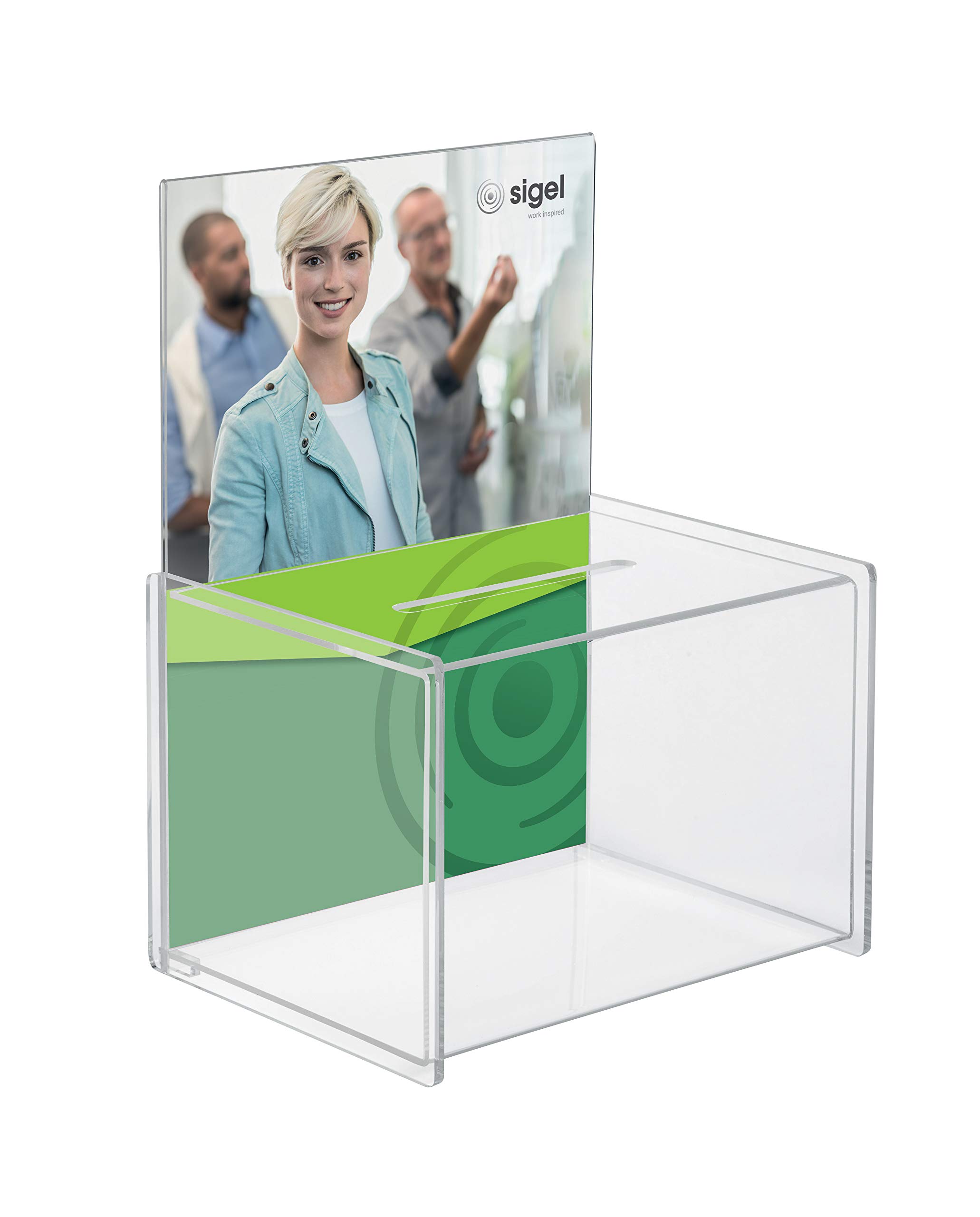 SIGEL VA150 Promotional Box / Suggestion Box, 22.5 x 30 x 17 cm, with instert panel for A4, acrylic, transparent — image 1