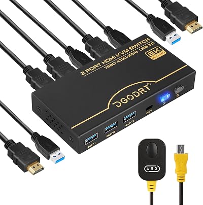 DGODRT 8K 60Hz HDMI KVM Switch 4K 120Hz 2 Port USB 3.0 for 2 Computers