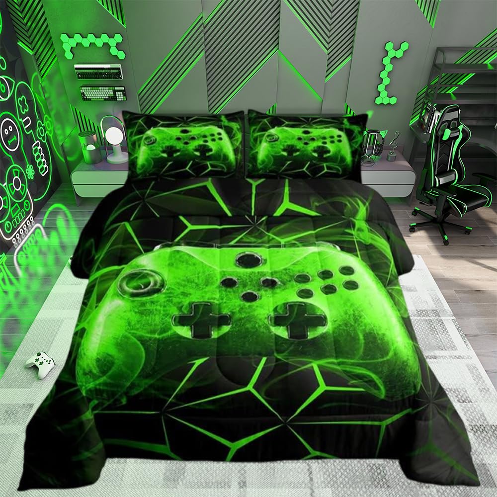 Gaming Duvet Insert/Quilt Kids Gamer Video Games Comforter for Boys Teens Modern Game Controller Reversible Bedding Set Breathable Green Gamer Console Duvet Set Room Decor King — image 1