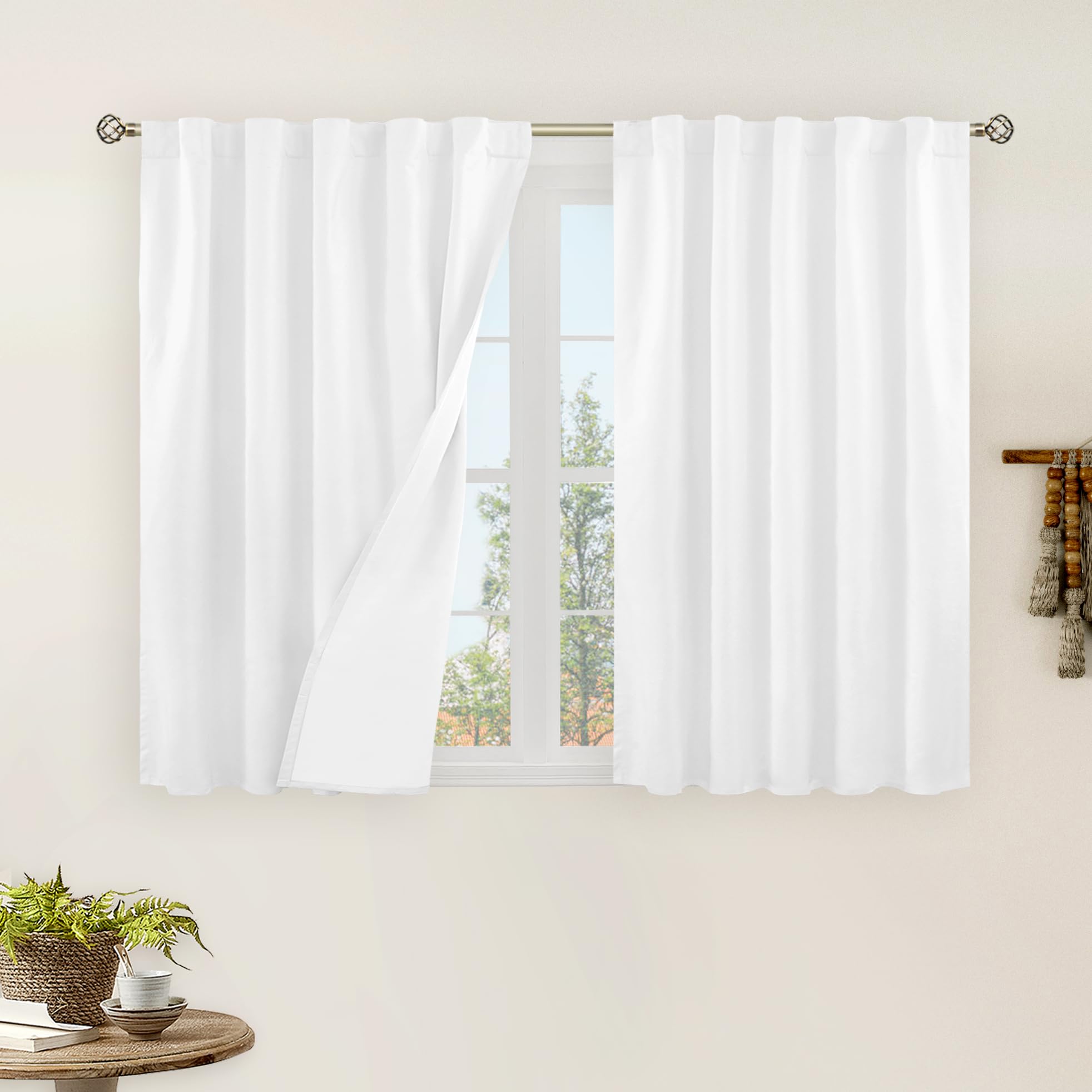 Photo 1 of LAMIT 100% Blackout White Linen Curtains, 40 Inches Linen Textured Thermal Bedroom Curtains Back Tab and Rod Pocket Neutral Panels with White Liner for Farmhouse, 2 Panels, 42 x 40 Inch