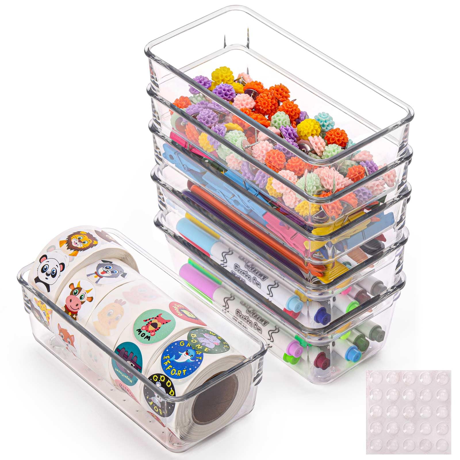 Photo 1 of 6Pcs Clear Plastic Drawer Organizers Tray 6" x 3" Storage Bins with 25Pcs Non-slip Pads for Makeup, Jewelries, Kitchen Utensils, Bathroom and Office