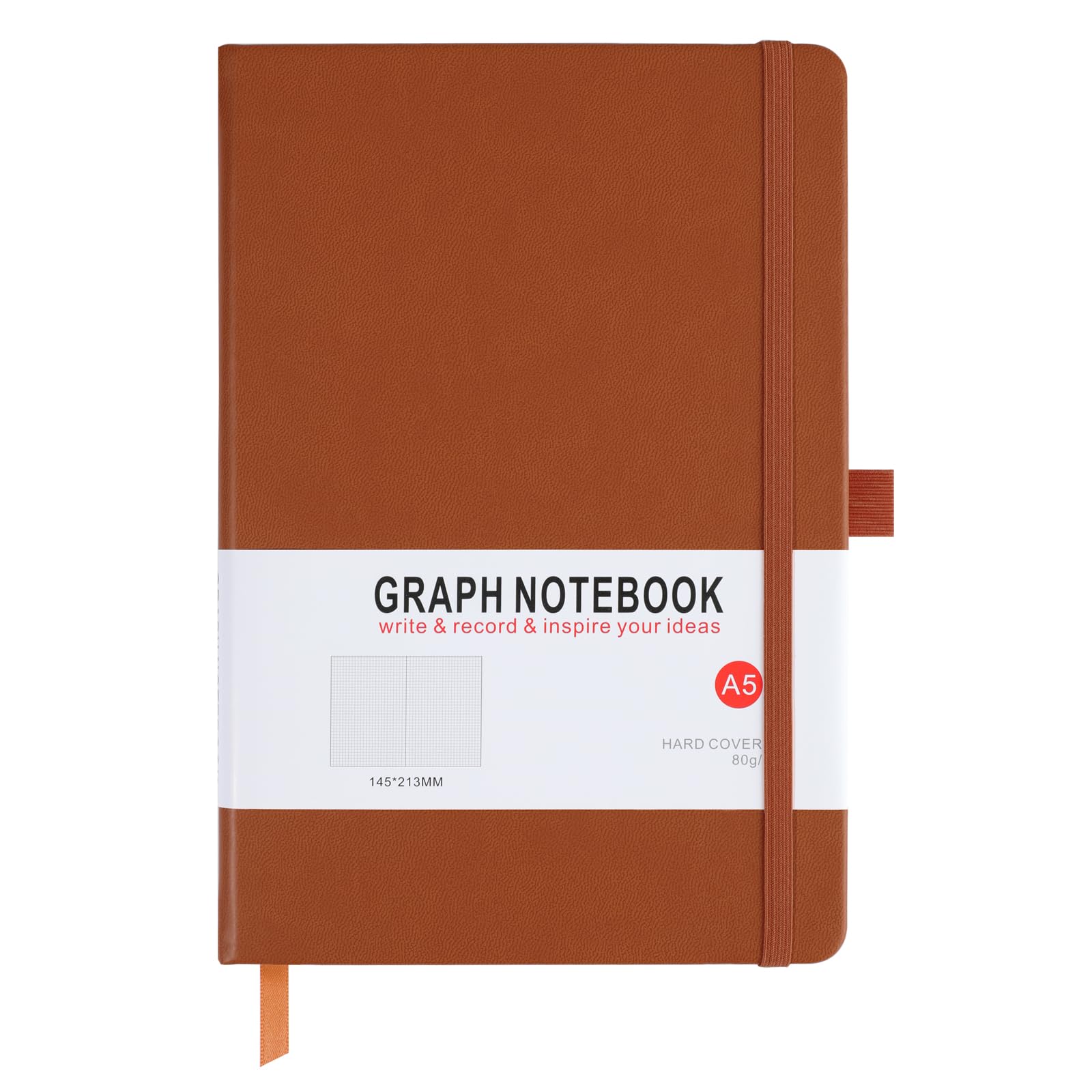A5 Graph Paper Notebook, Squared Notebook 200 Pages A5 Hardback Notebook with Pen Loop, and Inner Pocket, for Office School Home Business Writing & Note Taking (Brown)