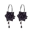 RareLove Vintage Black Rose Flower with Teardrop Beads Dangle Hoop Earrings