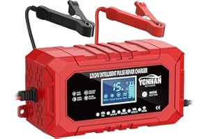 YONHAN 15A Battery Charger, 12V/24V LiFePO4 & Lead Acid Car Battery Charger, 9-Stage Trickle Charger with Temp Compensation, Automotive Battery Maintainer for Car Truck Motorcycle Lawn Mower Boat(Red)