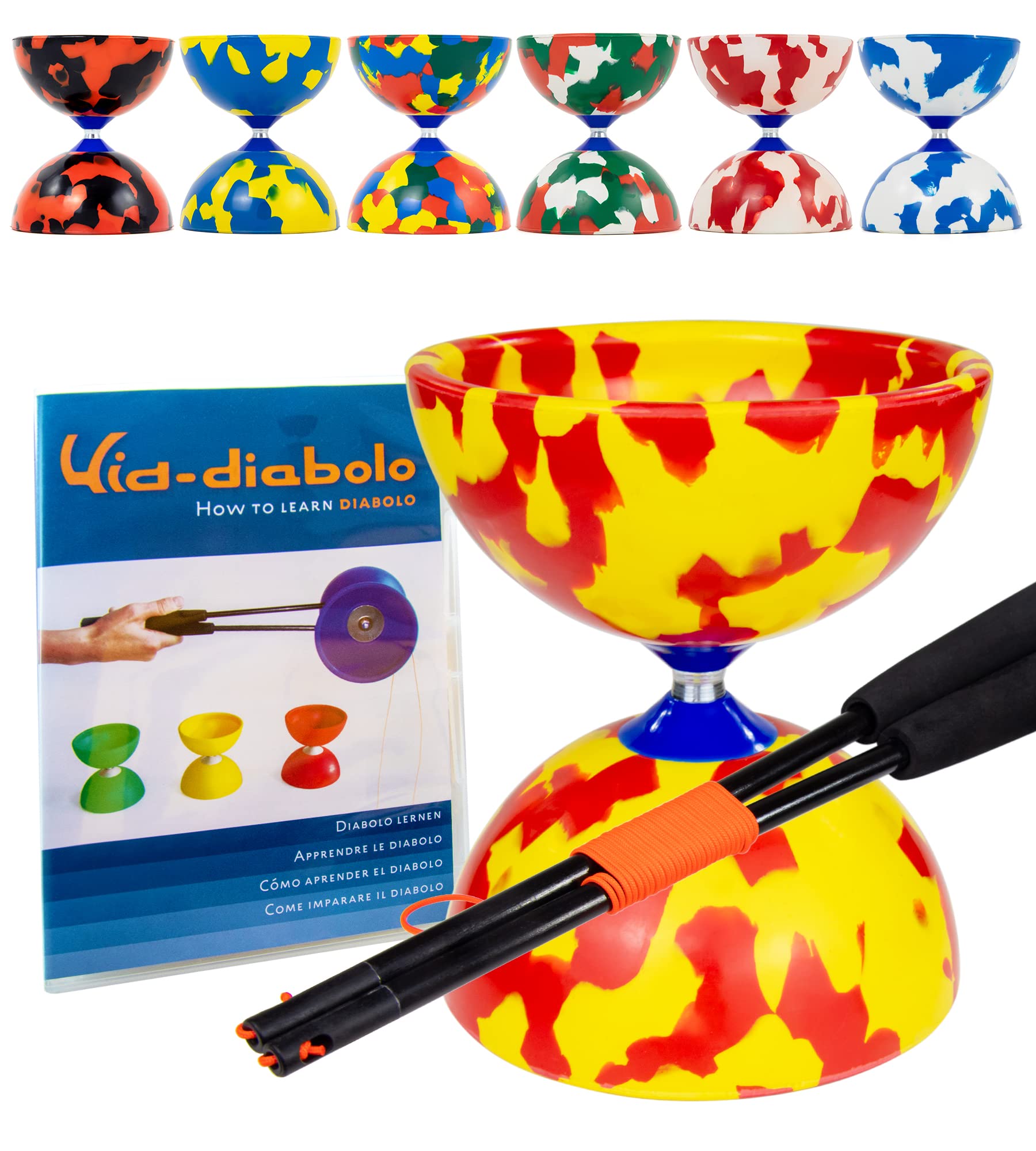 Juggle Dream Jester Diabolo Set - Fixed Axle Professional Diabolo with Super Glass Handsticks, Online Learning Video - Juggling Toy (Red/Yellow)