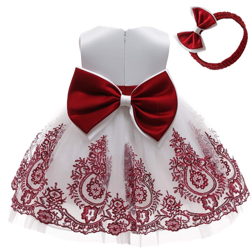 Photo 1 of ***CORRECT ITEM****Baby Girls Embroidery Dresses Toddler Lace Ruffles New Year Easter Tutu Dress with Headwear (White+Burgundy,80)