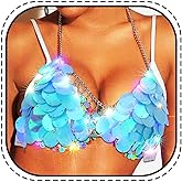 GRAEEN Light Up Sequin Mermaid Bra Top Sparkly Glow Rave Top Led Bikini Top for Women Blue