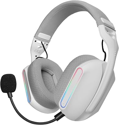 MHW-PRO, Kabelloses Gaming-Headset ARGB Flow, 3D Surround Sound 7.1, Bluetooth 5.3 + 2.4GHz + 3,5-mm-Klinke, Ultraleichtes Ergonomisches Design, Duales Mikrofon, Multiplattform, Weiß