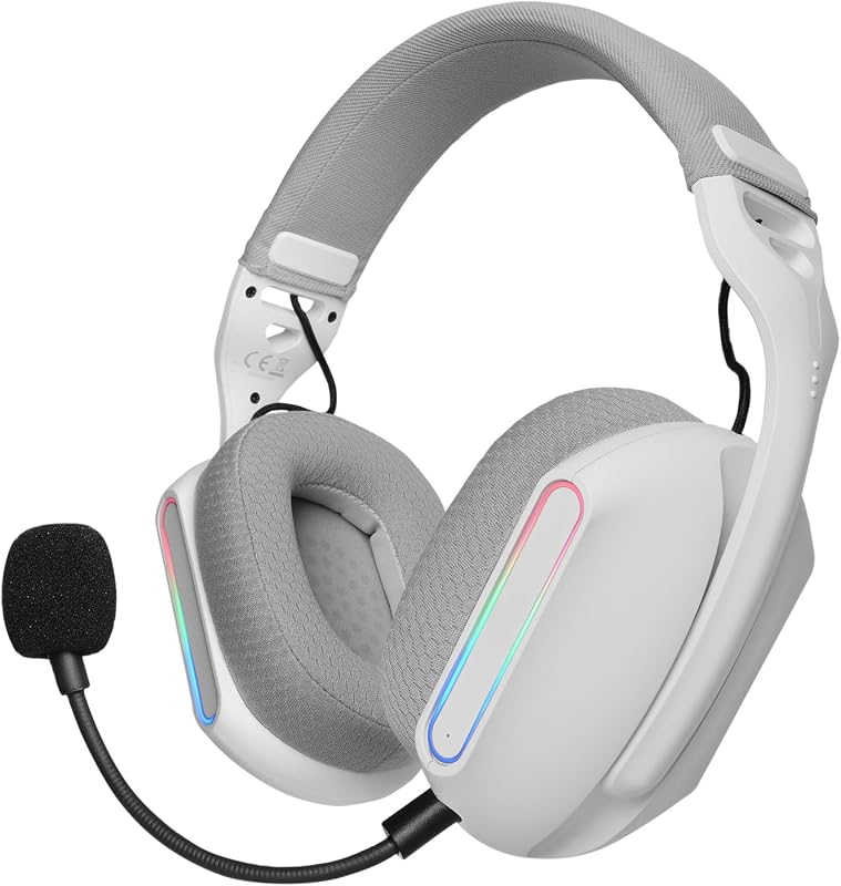 MHW-PRO, Kabelloses Gaming-Headset ARGB Flow, 3D Surround Sound 7.1, Bluetooth 5.3 + 2.4GHz + 3,5-mm-Klinke, Ultraleichtes Ergonomisches Design, Duales Mikrofon, Multiplattform, Weiß