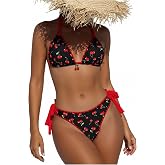 WDIRARA Women's Cherry Print Swimsuit 2 Piece Triangle Halter Bikini Sets | Cute Fruit Graphic, Tie Side, Bathing Suit, Spaghetti Strap