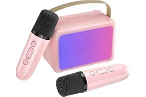 SUDOTACK Mini Karaoke Machine for Kids, Portable Bluetooth Karaoke Speaker with 2 Wilreless Microphones and Led Lights for Home Party, Birthday Gift for Girls and Boys(Pink)