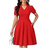 MarryUP Womens Casual Summer Dresses Short Puff Sleeve V Neck A Line Wedding Guest Midi Dresses with Pockets