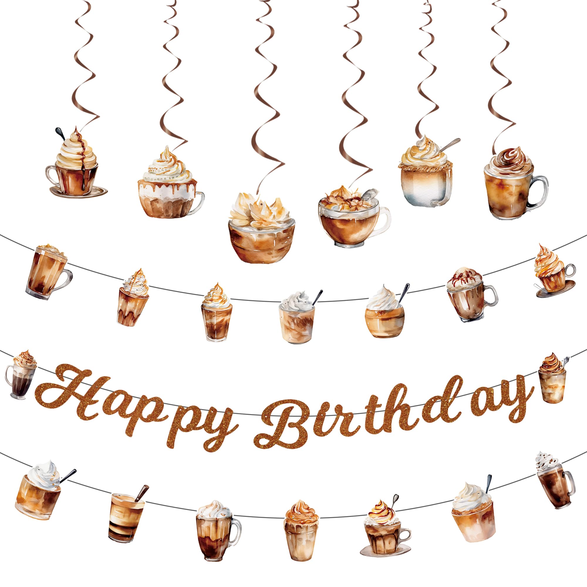 Photo 1 of Coffee Birthday Themed Party Decorations - 1pcs Glitter Brown Happy Birthday Banner, 2pcs Latte, Cappuccino & Iced Coffee Theme Banner Bunting Garlands, 6pcs Cappuccino Themed Hanging Swirls(6 styles)