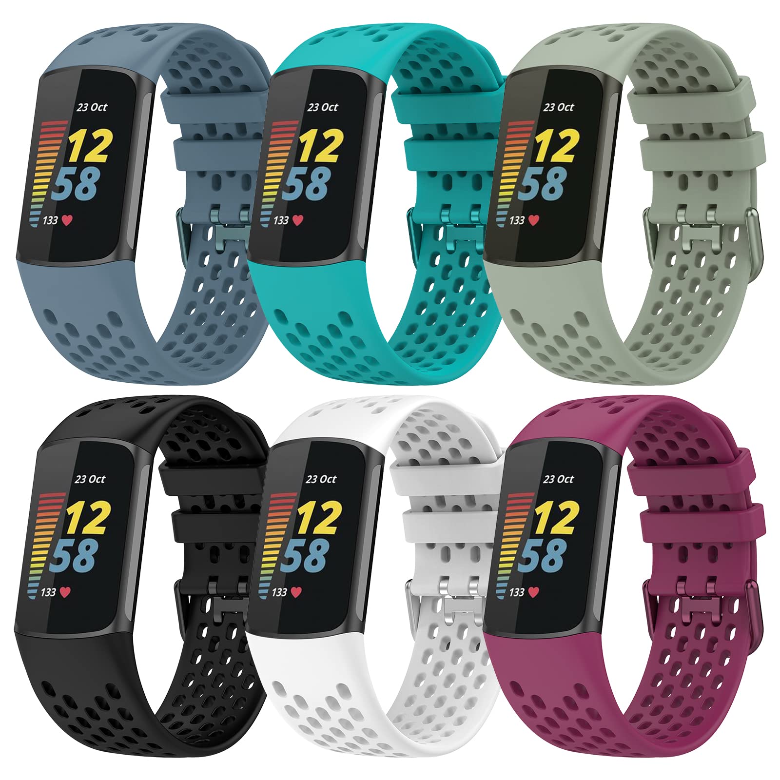 TopPerfekt Sport Straps Compatible with Fitbit Charge 6 Strap, Adjustable Breathable Soft Silicone Sport Replacement Watch Band Straps Wristbands Bracelet for Charge 5 Activity Tracker Women Men