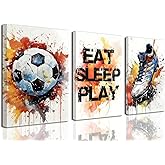 TBKHUDBI Graffiti Soccer Canvas Wall Art Sports Colorful Painting Picture Football Sneaker Gaming Posters Decor Prints Set of 3 for Teen Boys Room Kids Playroom Bedroom 12"x16" Framed