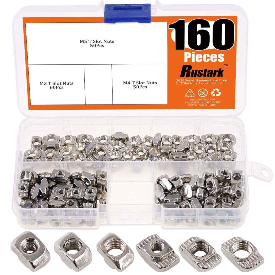 Rustark 160Pcs 2020 Series M3 M4 M5 European Aluminum Extrusions Slim T-Nut Hammer Head Fastener Nut Assortment Kit for Aluminum Profile