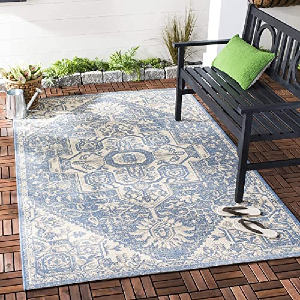Safavieh Medallion Indoor/Outdoor Woven Rectangle Area Rug, Beachhouse Collection, BHS138, in Cream / Blue, 79 X 152 cm for Garden, Patio or Any Outdoor Space