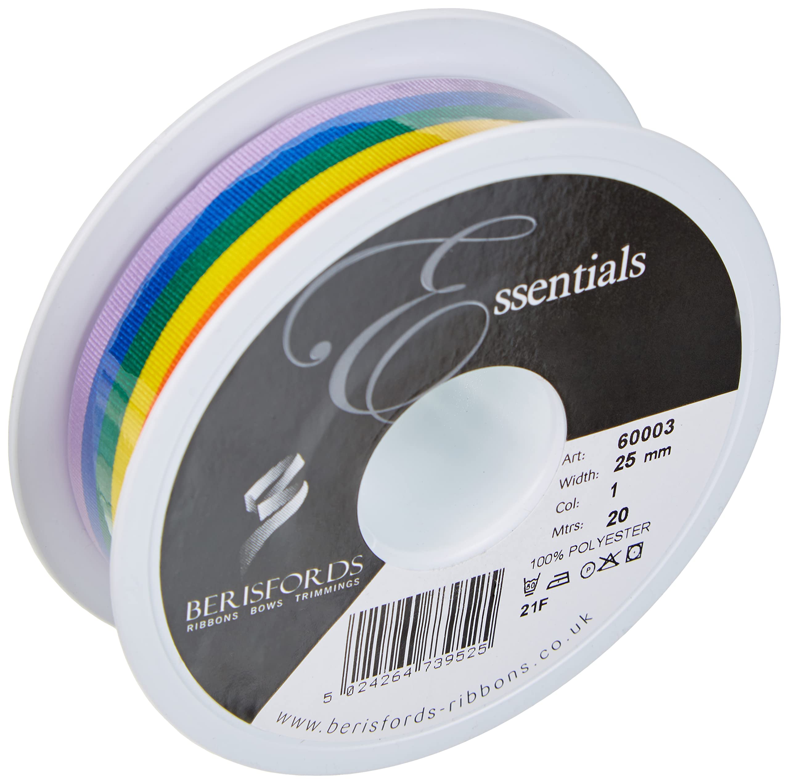 Berisfords 25 mm Rainbow Stripe Ribbon, Multi-Color, Multi-Color