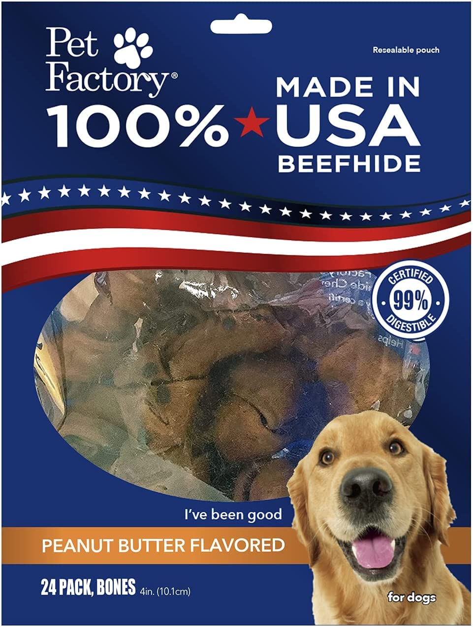 Pet Factory 100% Made in USA Beefhide 4" Knotted Bones Dog Chew Treats - Peanut Butter Flavor, 24 Count/1 Pack Image Pet Factory 100% Made in USA Beefhide 4" Knotted Bones Dog Chew Treats - Peanut Butter Flavor, 24 Count/1 Pack Image