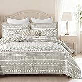 Cinefoso Boho Quilt Set King,100% Cotton Bohemian Bedspread Striped Printed, Lightweight Comforter Set, Quilted Coverlet Bedding for All Season 3 Pieces Beige/White