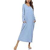 Marvmys Women Cotton Long Nightgowns Long Sleeves Nightshirts V Neck Full Length Sleep Shirts with Pocket