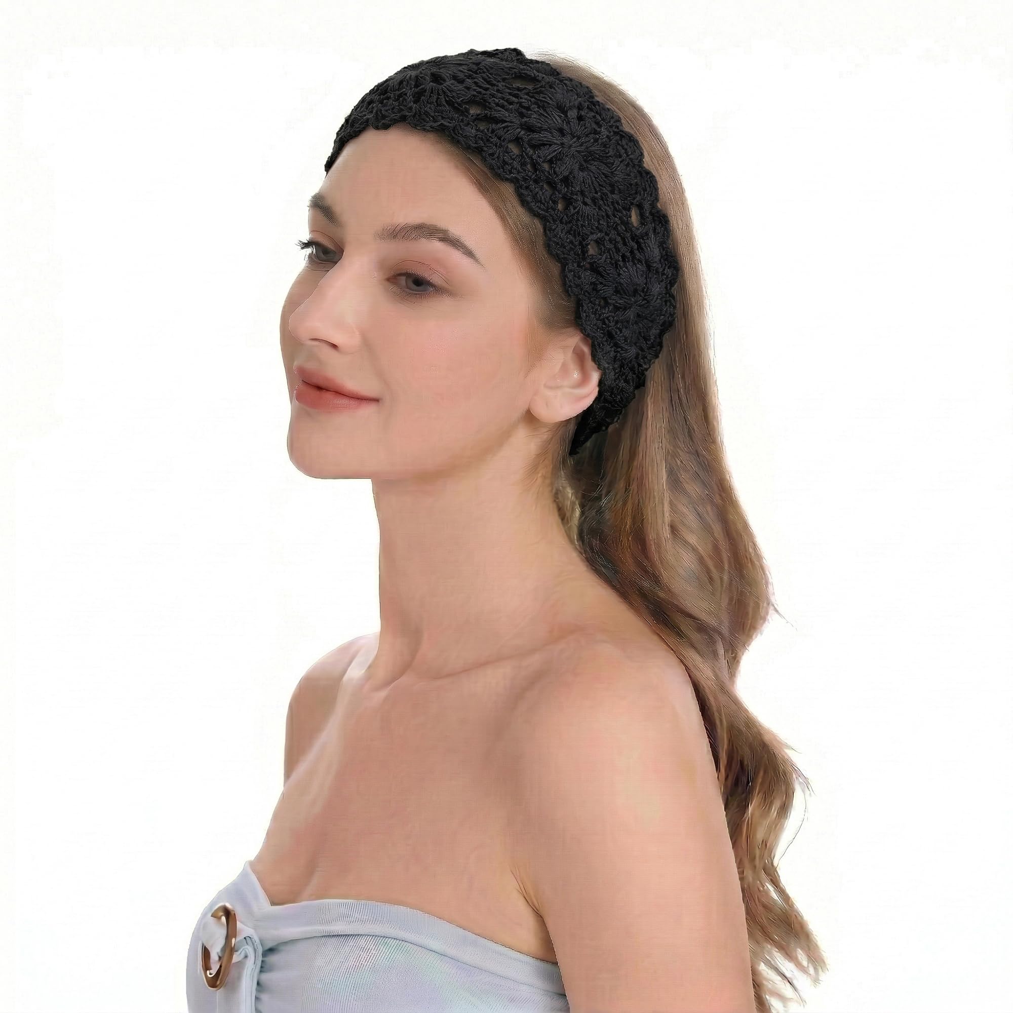 ZLYC Women Floral Headband Handmade Crochet Knit Vintage Hair Bands (Crochet Black)