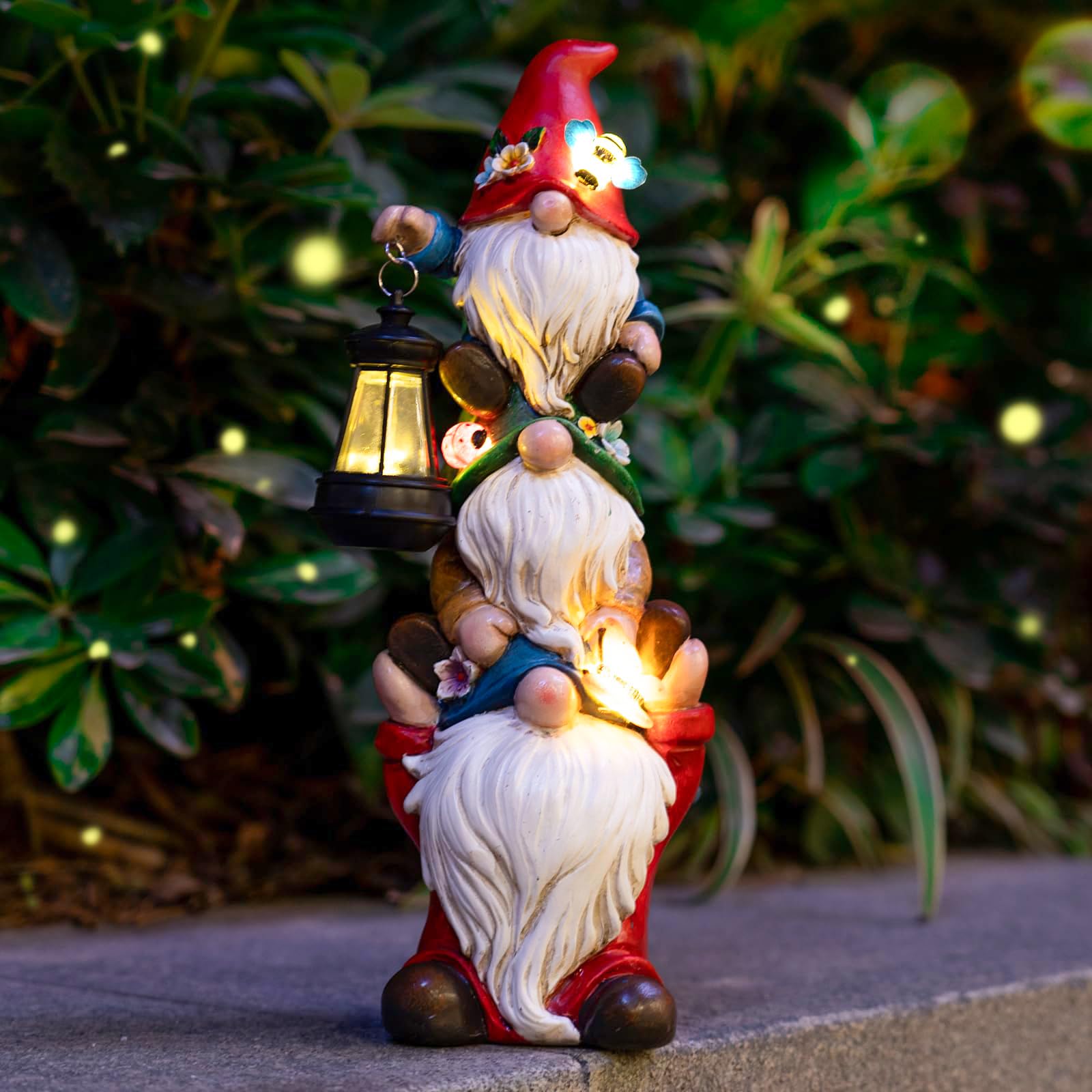 Photo 1 of Garden Gnome Statue with Solar Lights Large Garden Sculptures Funny Triple Gnome Outdoor Patio Lawn Yard Garden Decor Gifts for Women Mom 12 in Spring Gnomes Outdoor