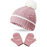 2 Pack Kids Winter Warm Beanie & Mittens Set, Soft Cable Knit Hat for Children's Toddler Baby, Cozy Cap & Gloves Pink