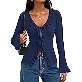 ZESICA Womens 2026 Fall Tie Front Bow Cardigan Sweaters Long Bell Sleeve V Neck Ruffled Knit Cropped Trendy Tops