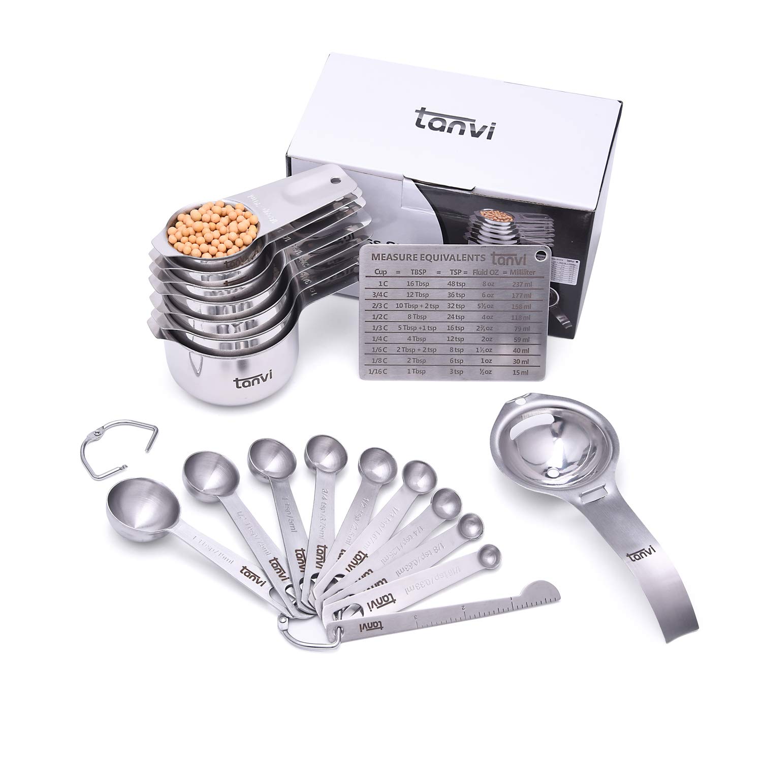 Tanvi Measuring Cups and Spoons Set (21 PCS) - Stainless Steel Measuring Ruler, Egg Separator, Leveler and Magnetic Measurement Conversion Chart with 2 D Rings