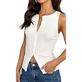 Women Button Down Tank Vest Casual Slim Fit Sleeveless Ribbed Knit Shirt Y2k Skinny Going Out Crewneck Tank Crop Top