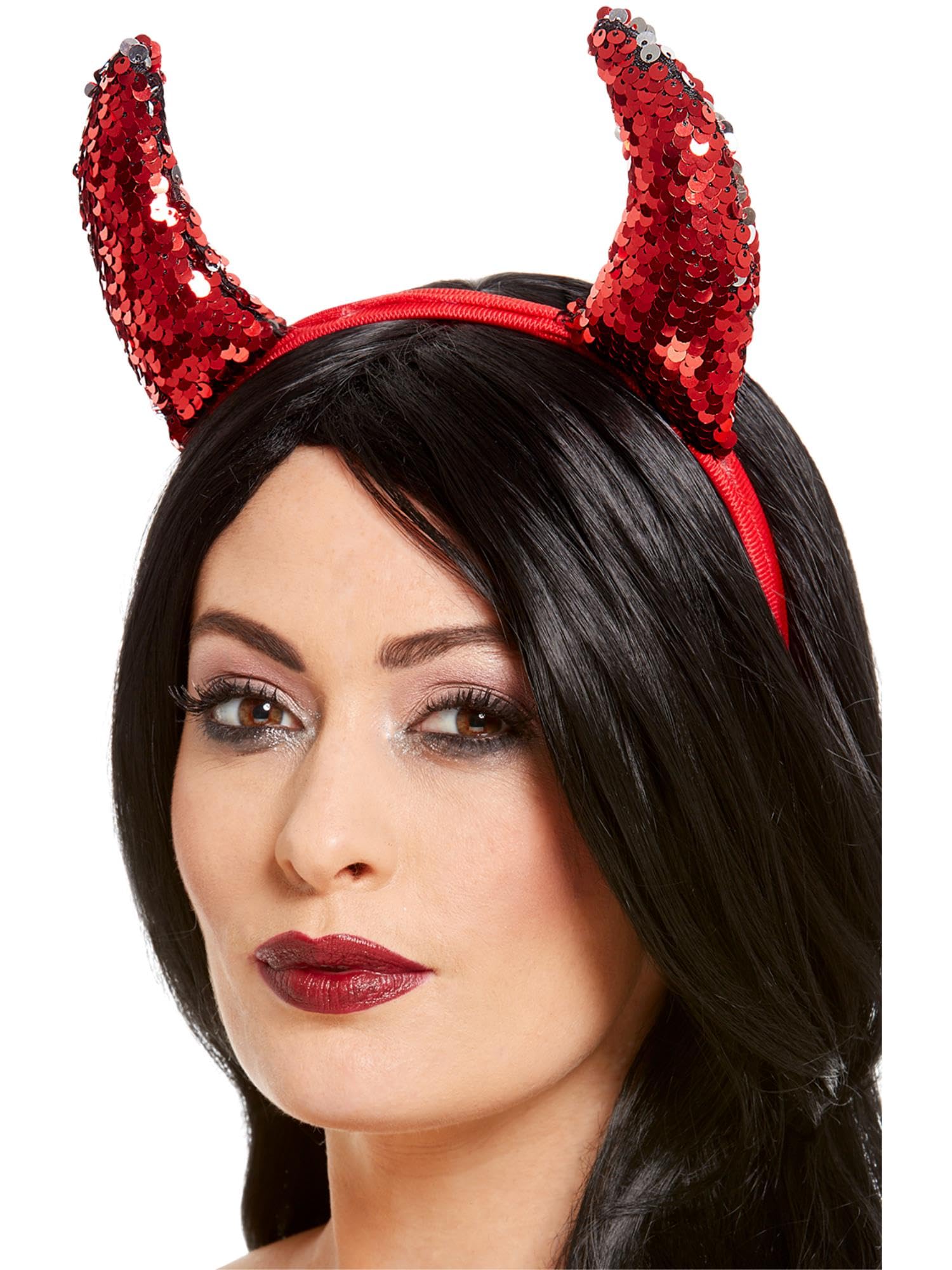 Smiffys Red Reversible Sequin Devil Horns on Headband – Sparkly Halloween Fancy Dress Accessory for Women & Men – Evil Horns for Devil Costumes, Hen Dos, Festivals & Party Looks