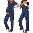 Ekouaer Women's Maternity Nursing Pajamas Sets Breastfeeding Printed Sleepwear Short Sleeve 2 Pcs Henley Top and Pants Set