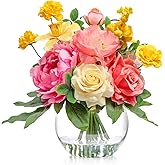 Artificial Flowers Centerpieces in Glass Vase with Fake Water, Silk Rose Peony & Daffodil Bouquet with Vase for Birthday Party Wedding Dinning Table Office Hotel Decor Gift (Yellow, Coral & Hot Pink)