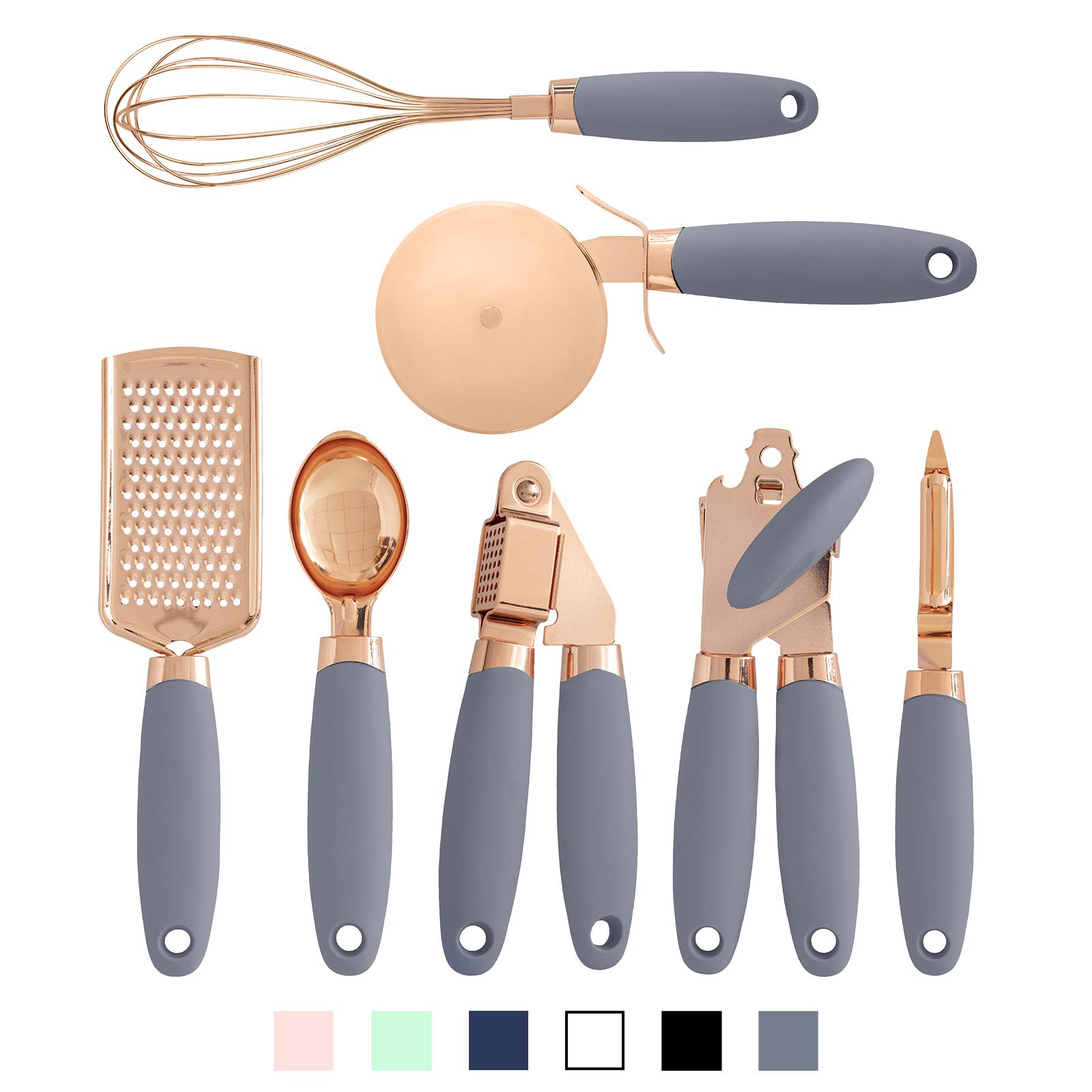 COOK WITH COLOR Kitchen Gadget Set Copper Plated Stainless Steel Utensils with Soft Touch Handles, Copper Grey, 7 Pieces