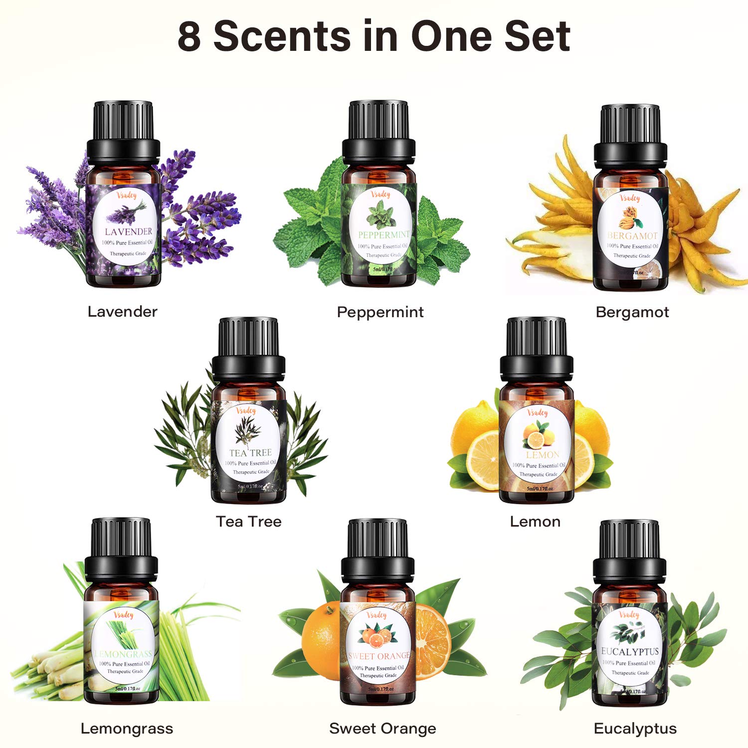 Essential Oil Diffuser with Oils, VSADEY 400ml Aromatherapy Diffuser with 8 Essential Oils Set, Diffusers for Essential Oils with 4 Timer & 7 Ambient Light Settings, Auto Shut-Off : Beauty