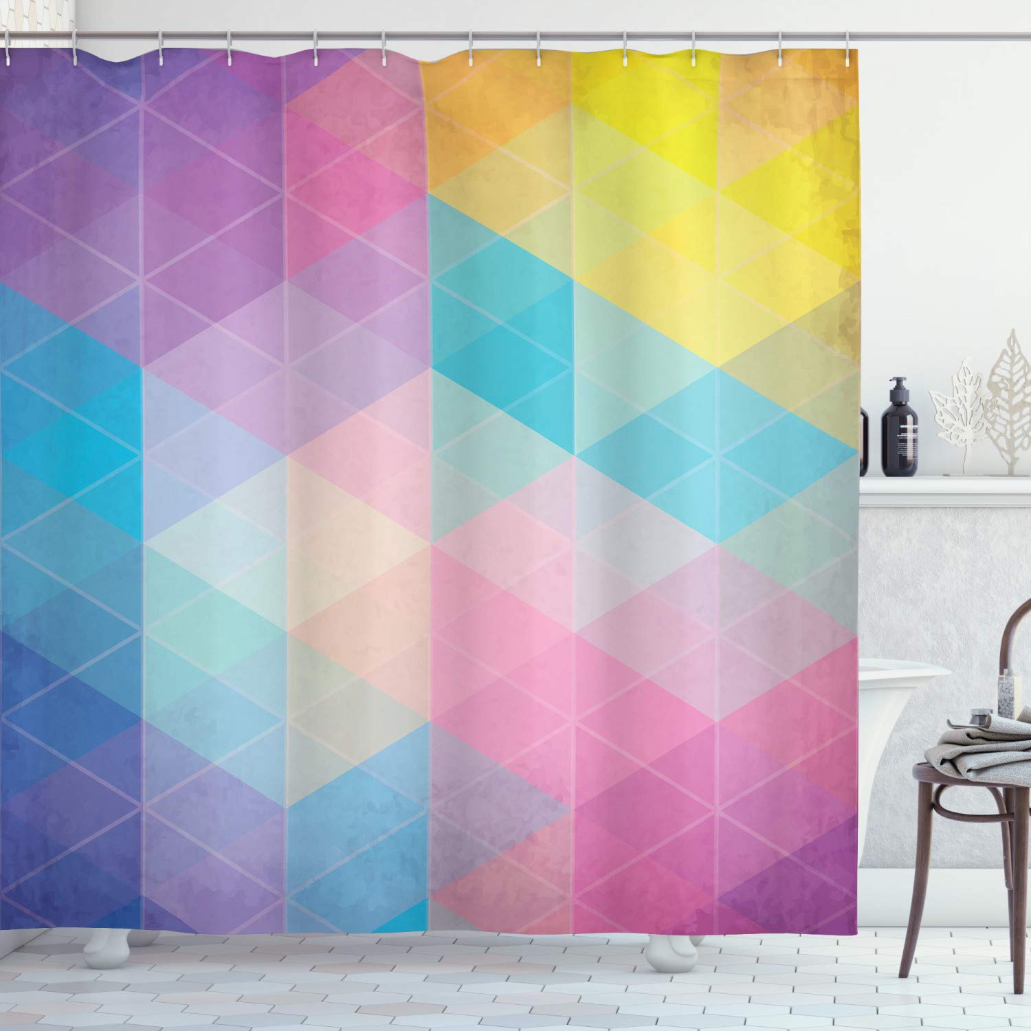 ABAKUHAUS Indie Shower Curtain, Abstract Triangles Classical Diamond Line Pattern in Dreamy Colors Modern, Cloth Fabric Bathroom Decor Set with Hooks, 86 Inches Extra Long, Multicolor