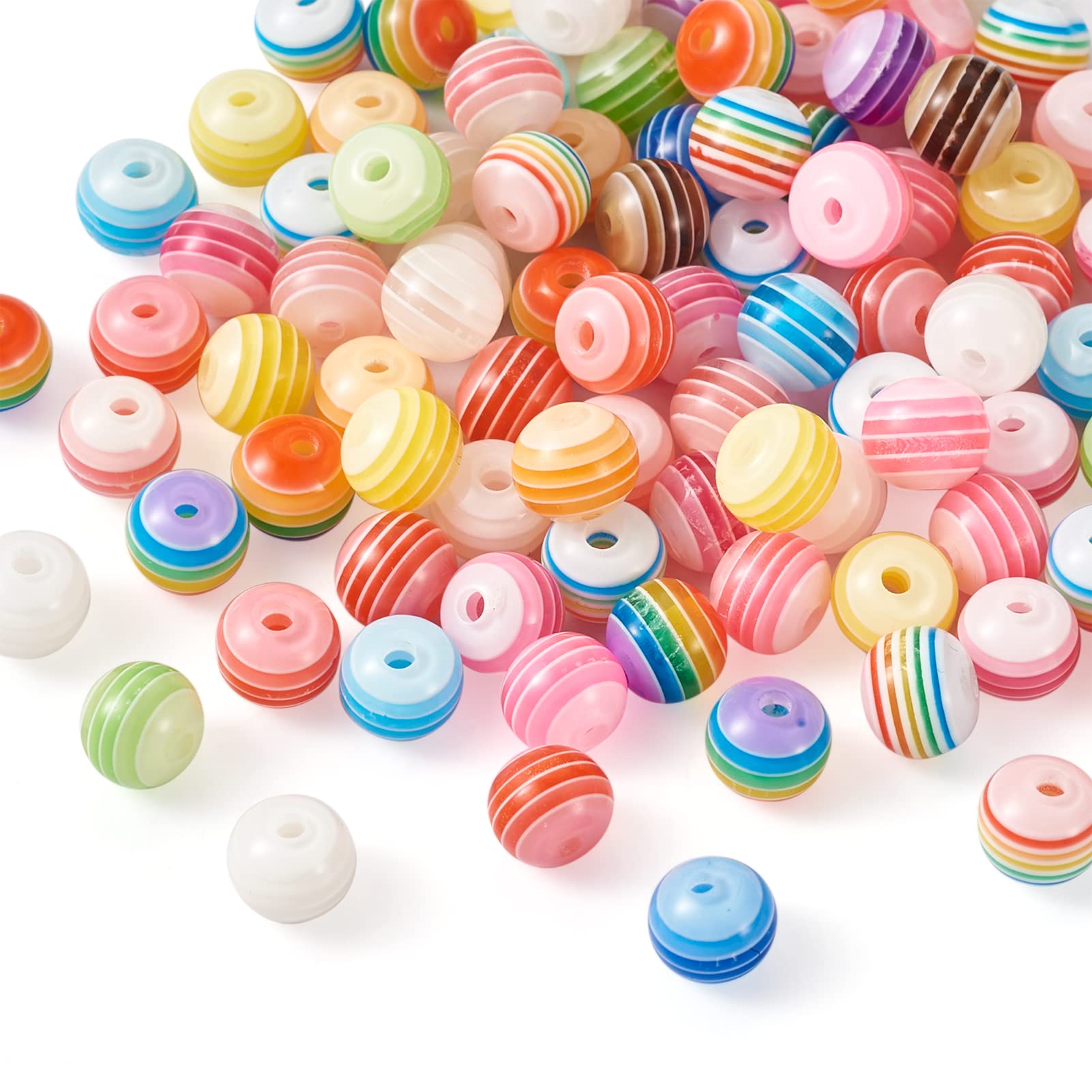 PandaHall 100pcs 8mm Rainbow Striped Round Beads Colorful Resin Spacer Beads Chunky Rainbow Loose Charms Beads for Bracelet Earrings Jewelry Making, Random Mixed Color