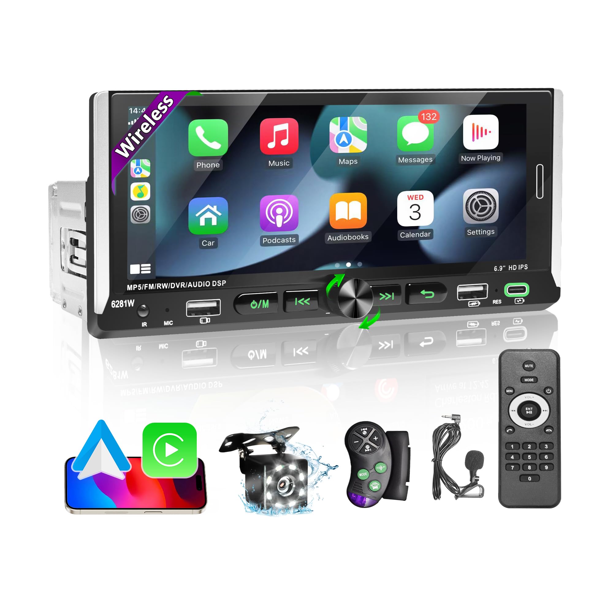 Photo 1 of 6.9" Wireless CarPlay Single Din Car Stereo, G+G HD IPS Single Din Touchscreen Car Stereo with Bluetooth 5.0, MirrorLink, FM, 10 Band EQ, 2-USB, Type-C, 8 LED Night Vision Backup Camera, Android Auto