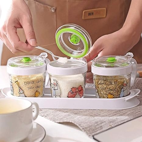 Amazon Co Jp Cujux クリア調味料ボックス スパイス塩砂糖調味料入れのための3つの小品クリア調味料保存容器 スプーンと調味料の瓶 ホーム キッチン