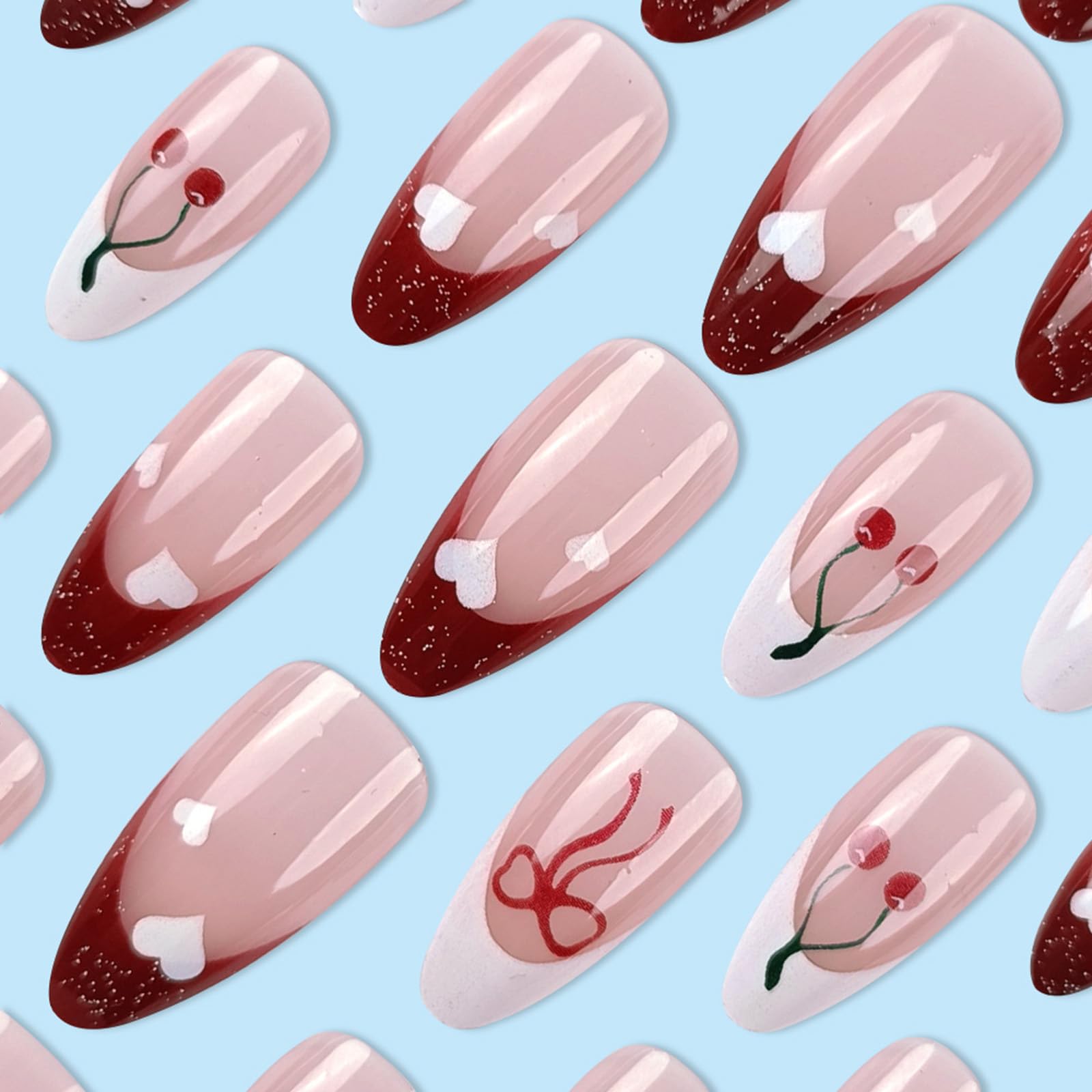 24Pcs French Tip Press on Nails Medium Almond Fake Nails with Red Cherry Bow Heart Designs Glossy False Nails Cute Acrylic Nails Gel Glue on Nails for Coquette Women Girlfriend Gift - Image 7