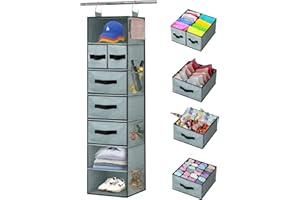 VERONLY 7-Shelf Hanging Closet Organizer with 5 Different Drawers, Hanging Closet Shelves Storage and 8 Mesh Pockets, Closet Organization and Storage for Wardrobe,Livingroom, Dorm,12.2*13.7*50''(New Grey)