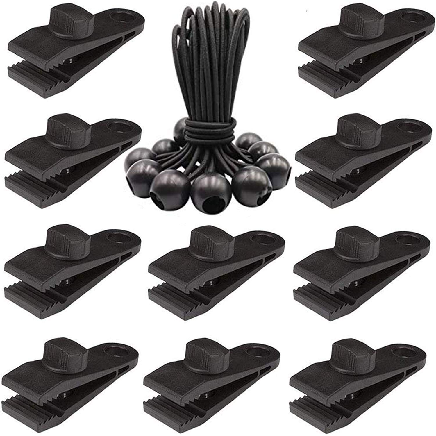 Hommo Tarp Clips Heavy Duty Lock Grip(Pack of 20) - Thumb Screw Tent Clamps for Tarps with Ball Bungee 8.5" Tie Down Bungee Cords for Canopy, Awnings, Pergola, Canvas Covers, Outdoor Camping