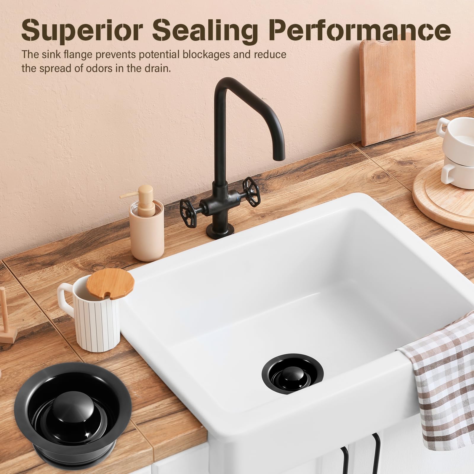 Sink Garbage Disposal Flange and Stopper, Fits 3-1/2 Inch Standard Sink Drain Hole, Durable Gunmetal Black Stainless Steel Sink Flange with Nano Surface